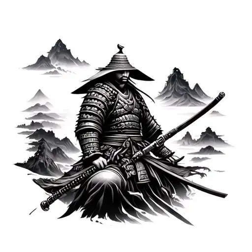 Samurai And Landscape Tattoo Featuring Elements