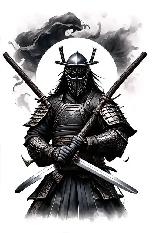 Realism Samurai Warrior With Mask Holding Dual Swords