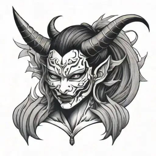 Half Girl Half Hannya Mask With Sword Piercing
