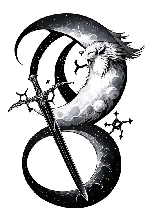 Sword And Moon With Leo And Scorpio Constellation Intertwined