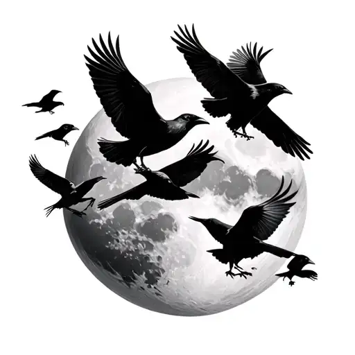 Many Crows Flying On A Dry Habol And A Background Moon
