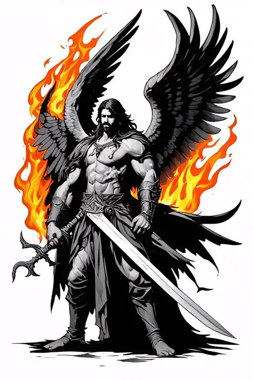 Sideway Dark Warrier With Big Wings Archange Michael With Flames And Sword