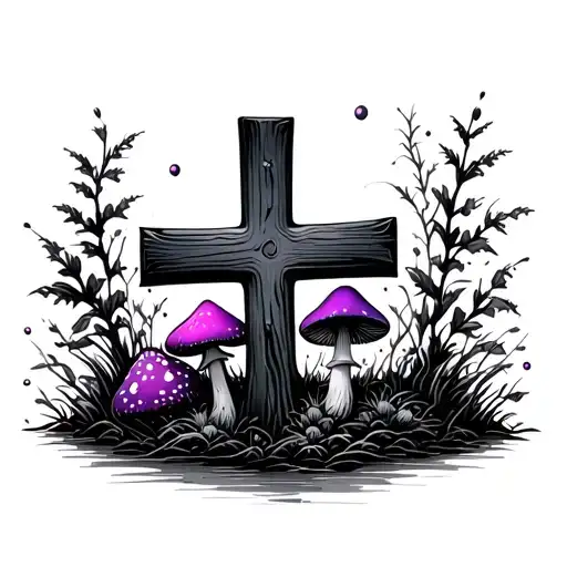 Minimalistic Cross With A Small Purple Mushroom Underneath It