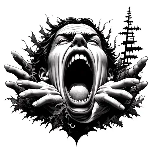 Forest Face With His Mouth Open His Face With His Hands In Chaos And Stairs Coming Out Of His Mouth