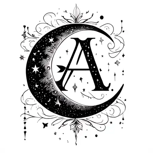 Crescent Moon And Letter A Blackwork
