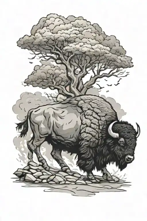 Bison Walking In Storm And Cobblestone Street