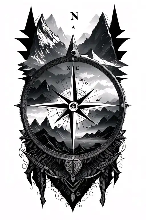 Compass Rose With Intricate Geometric Mountains