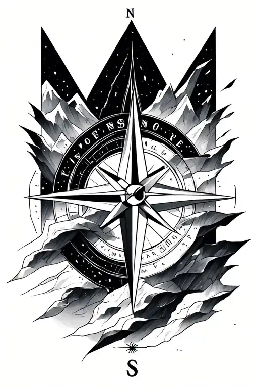 Compass Rose With Intricate Geometric Mountains