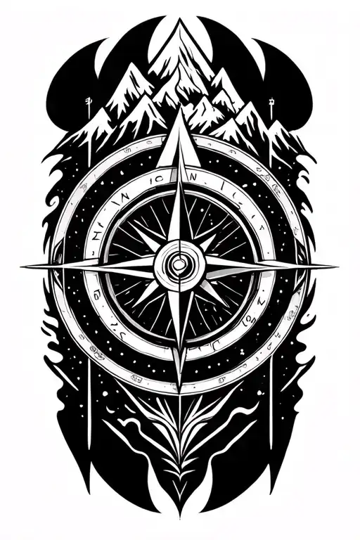 Compass Rose With Intricate Geometric Mountains
