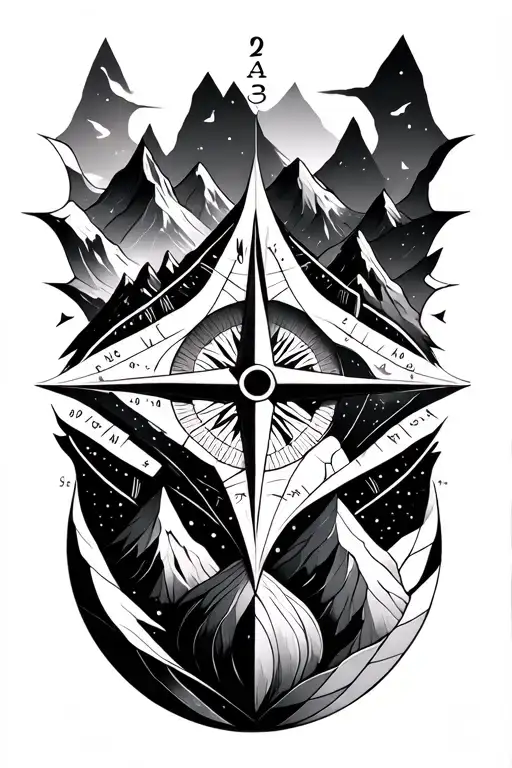 Compass Rose With Intricate Geometric Mountains