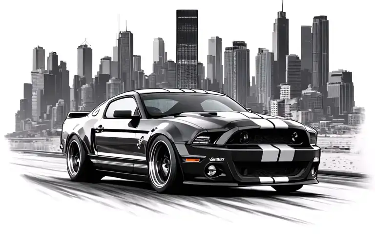 Shelby Gt500 Driving Through The City Skyline In The Background