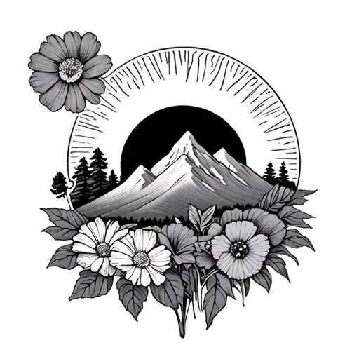 A Sun With A Mountain And A Primrose A Violet And A Marigold In The Forground