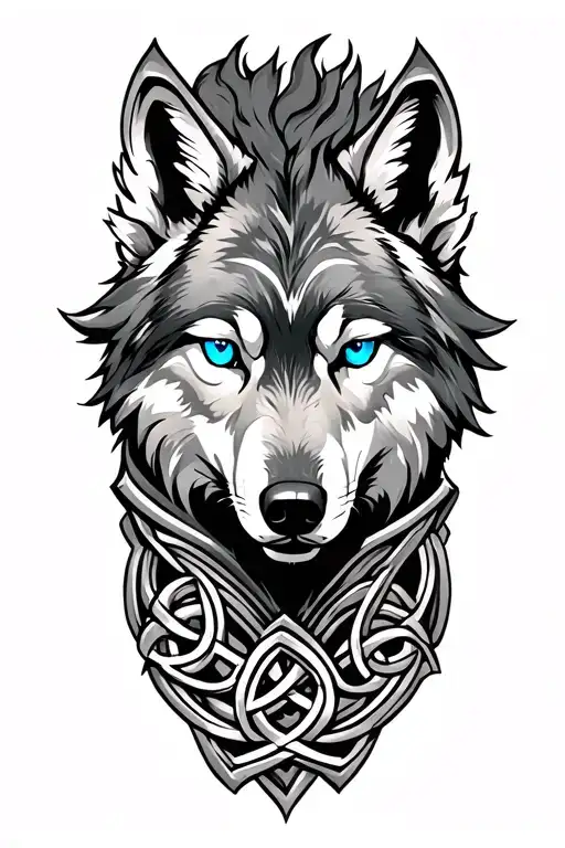 Wolf With Blue Eyes On Armor Tattoo Design Featuring Celtic Trinity Knot
