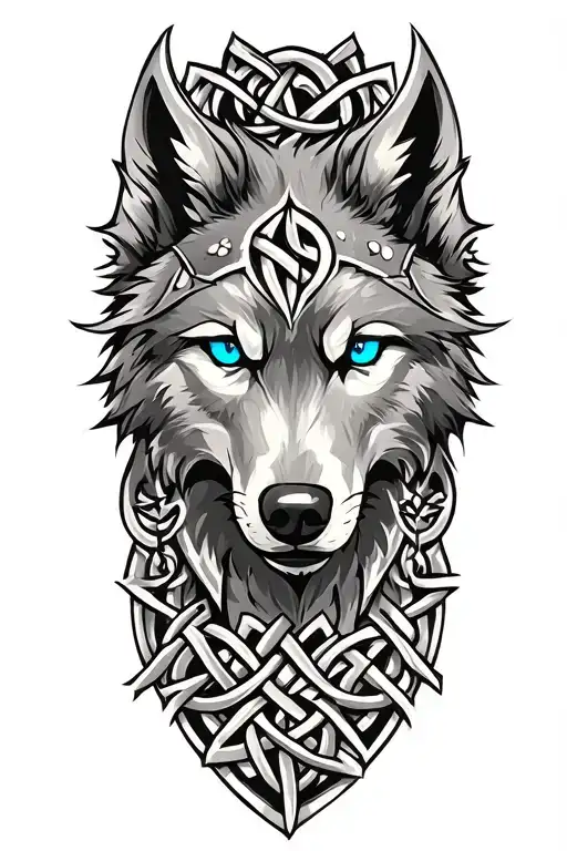 Wolf With Blue Eyes On Armor Tattoo Design Featuring Celtic Trinity Knot