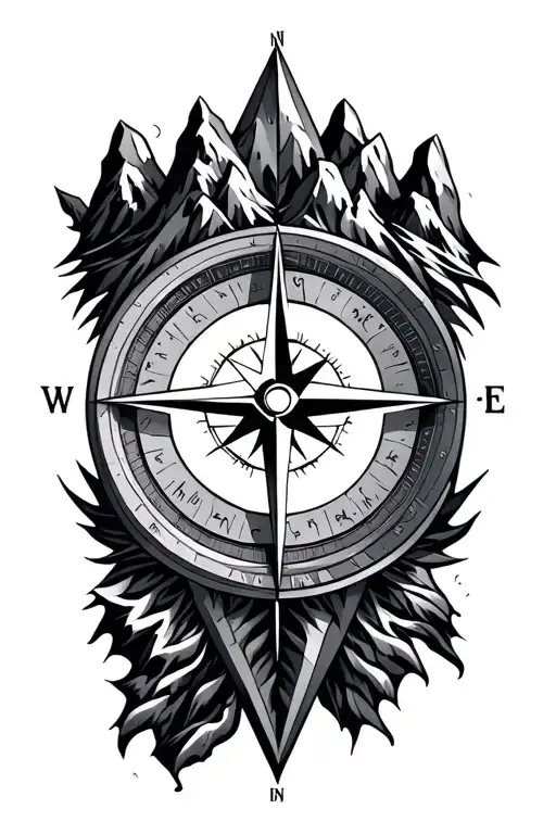 Compass Rose With Intricate Geometric Mountains