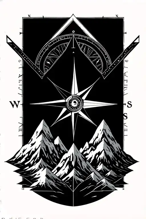Compass Rose With Intricate Geometric Mountains