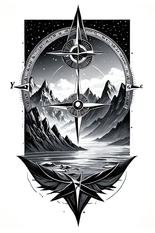 Compass Rose With Intricate Geometric Mountains