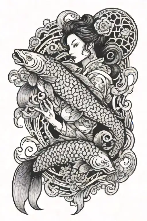 Koi Fish With Oni Mask And Girl Holding