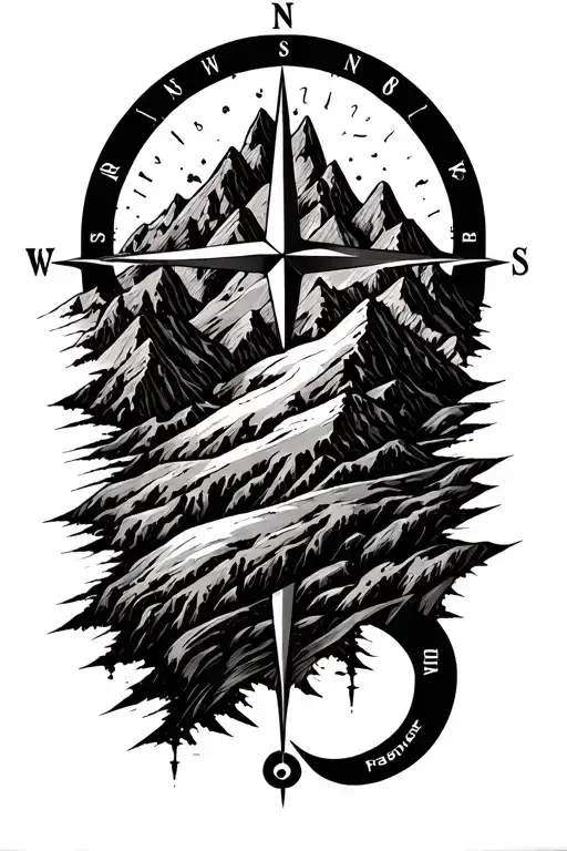 Compass Rose With Intricate Geometric Mountains