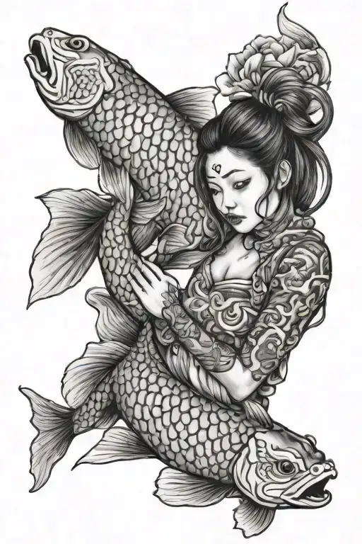 Koi Fish With Oni Mask And Girl Holding