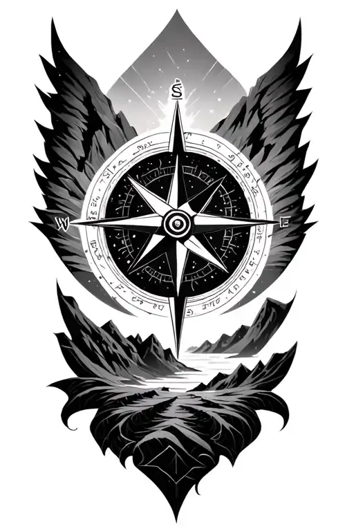 Compass Rose With Intricate Geometric Mountains