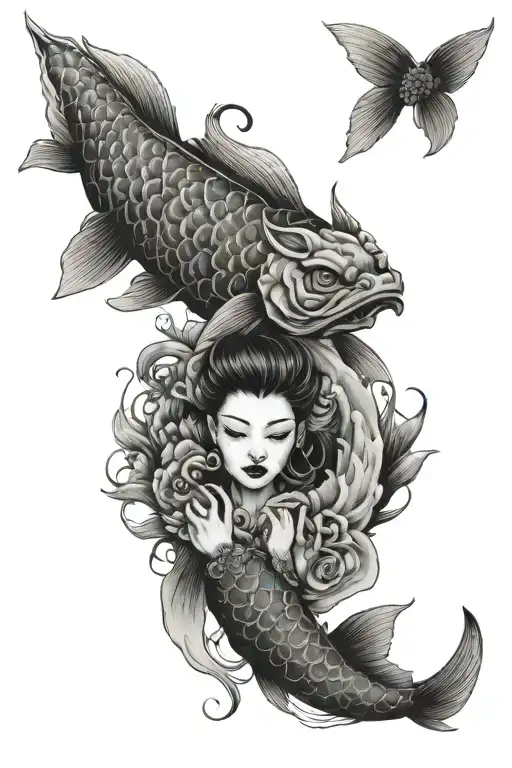Koi Fish With Oni-mask And Girl Holding Hands