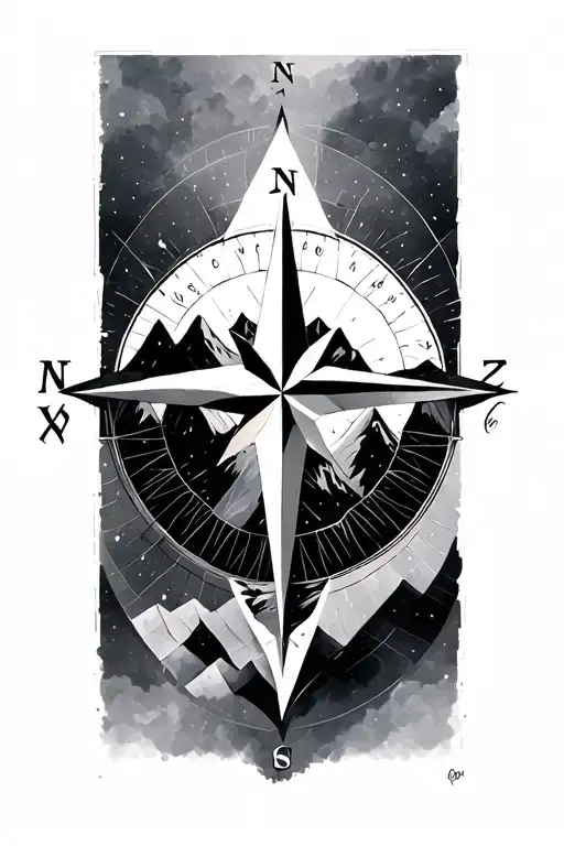 Compass Rose With Intricate Geometric Mountains