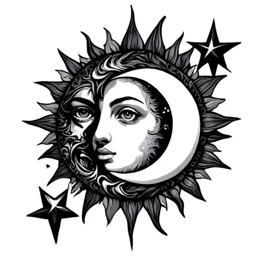 Sun Moon And Stars Tattoo With Color
