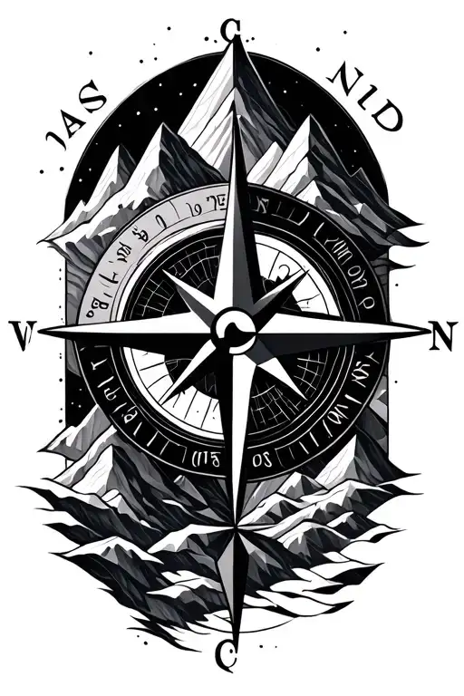 Compass Rose With Intricate Geometric Mountains