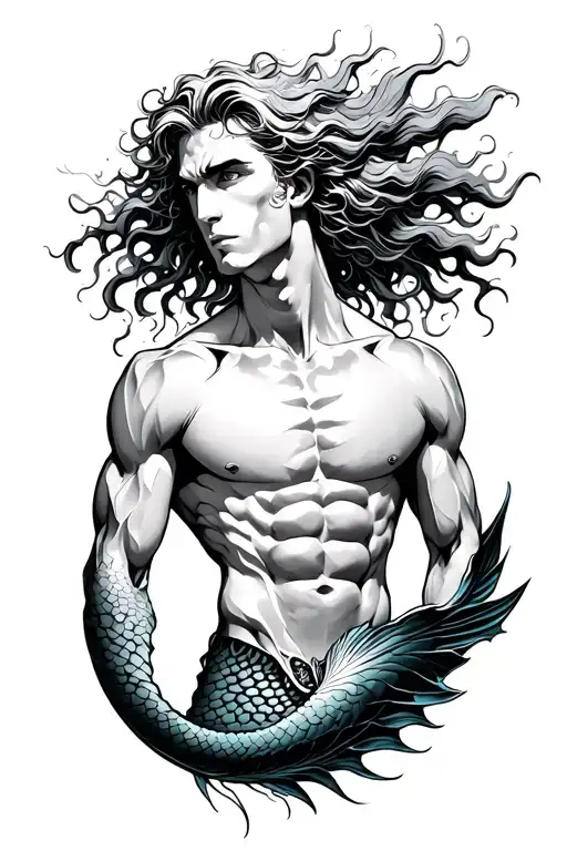 Merman Muscly Flowing Hair Long Fins Black And Grey