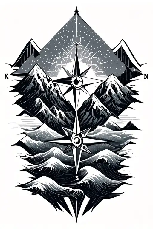 Compass Rose With Intricate Geometric Mountains And Waves