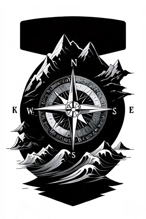 Compass Rose With Intricate Geometric Mountains And Waves