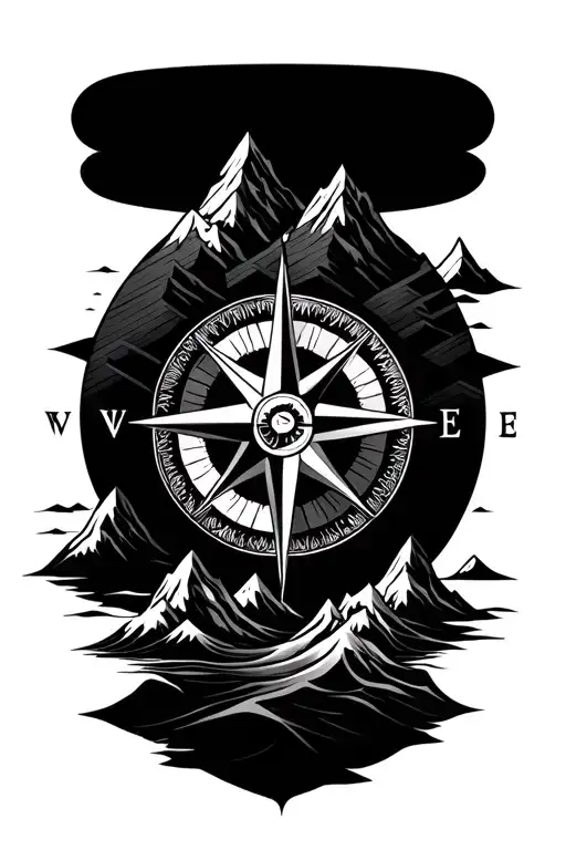Compass Rose With Intricate Geometric Mountains And Waves