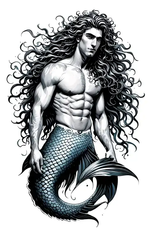 Merman Muscly Flowing Hair Long Fins Black And Grey Masculine