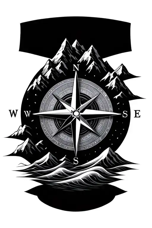 Compass Rose With Intricate Geometric Mountains And Waves