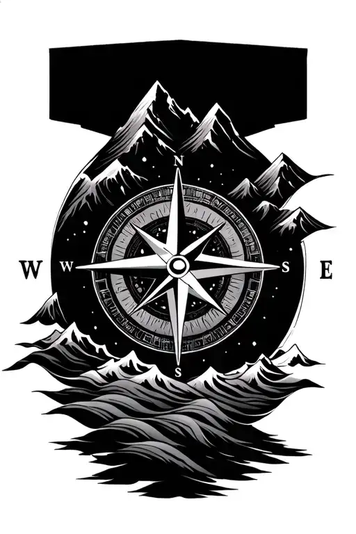 Compass Rose With Intricate Geometric Mountains And Waves