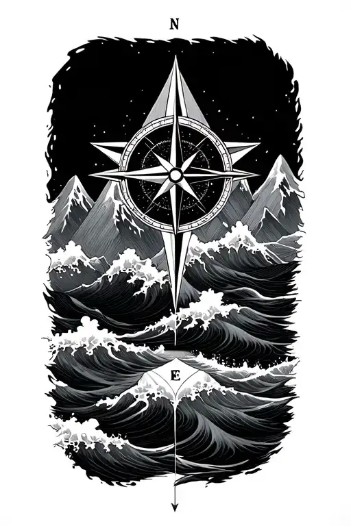Compass Rose With Intricate Geometric Mountains And Waves