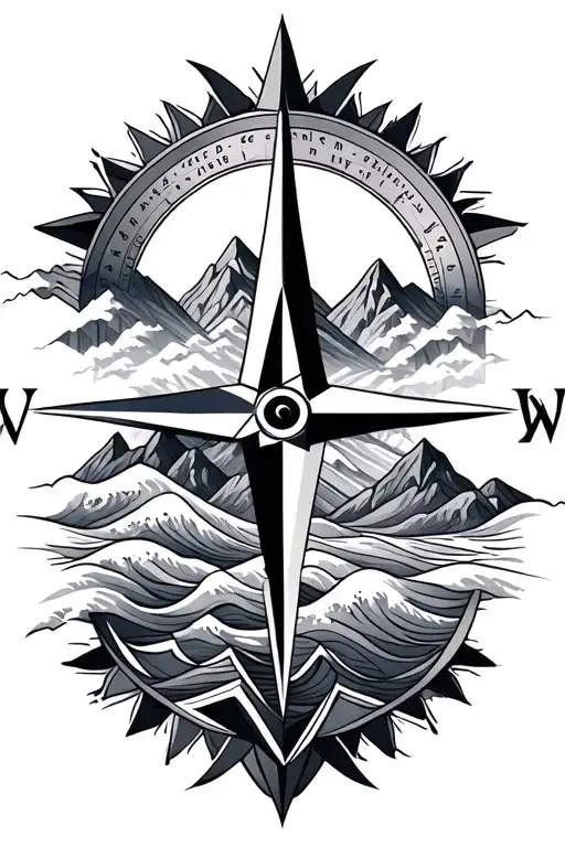 Compass Rose With Intricate Geometric Mountains And Waves