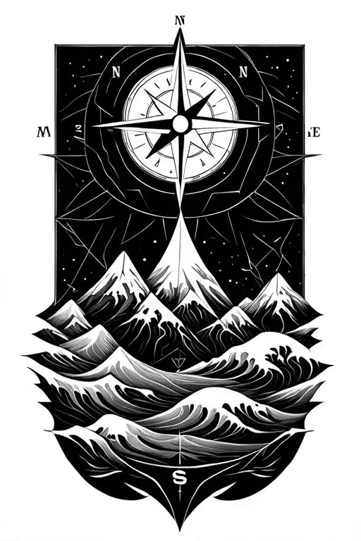 Compass Rose With Intricate Geometric Mountains And Waves