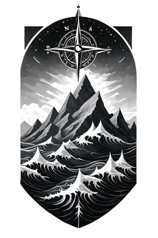 Compass Rose With Intricate Geometric Mountains And Waves