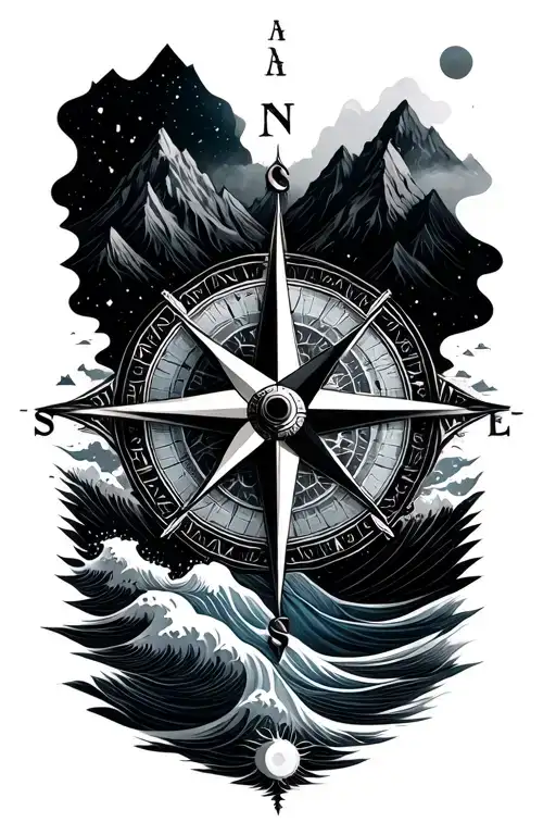 Compass Rose With Intricate Geometric Mountains And Waves
