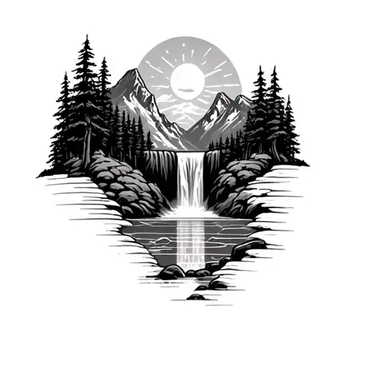 Mountains With A Waterfall At The Bottom And A Sun In The Sky With Trees