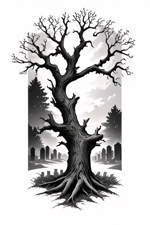 Dead Oak Tree In Cemetery Scene