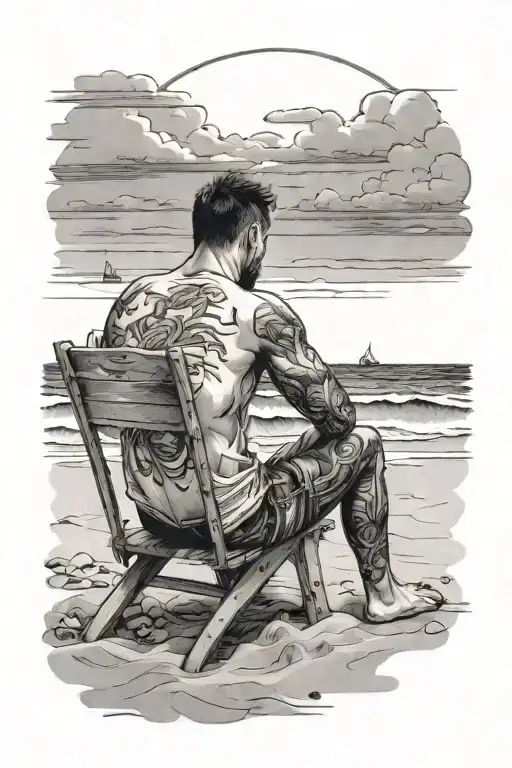 Guy Sitting On A Chair On The Sand At A Beach Looking Over The Water