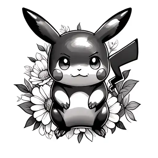 Chubby Pikachu And Flowers Behind