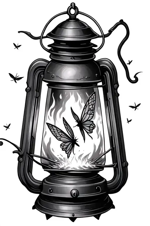 A Tattoo Lantern With Fire Flies Lit Up And A Fairy Inside With Good Shading