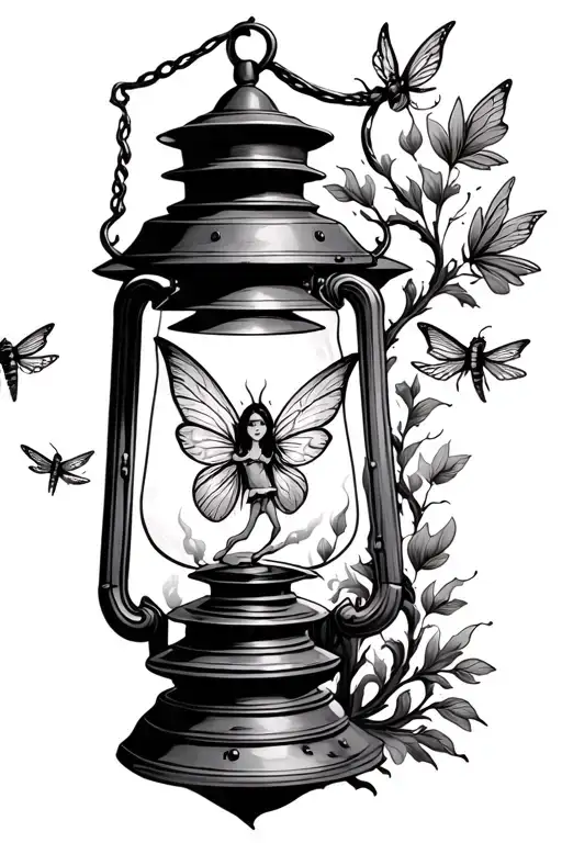 A Tattoo Old Fashion Lantern With Fire Flies Lit Up And A Fairy Inside With Good Shading
