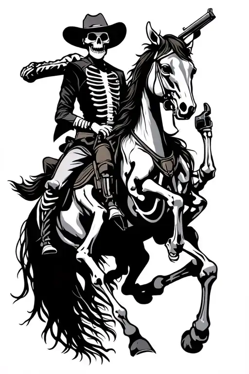 Black Line Skeleton Cowboy Riding A Skeleton Horse Rearing Up With Pistol