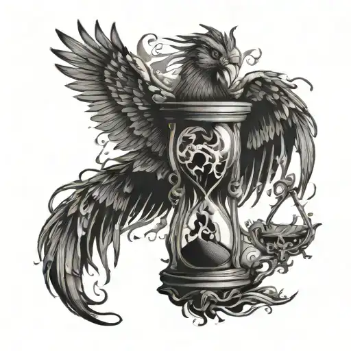 Hour Glass With Phoenix Rising From The Ashes With Roman Numbers Around It