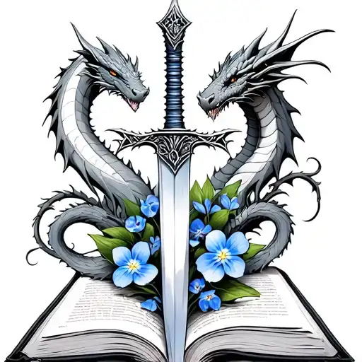 Dagger With Forget Me Nots In A Book Surrounded By Dragons